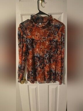 Floral High-Neck Long Sleeve Women’s Top - Orange Navy